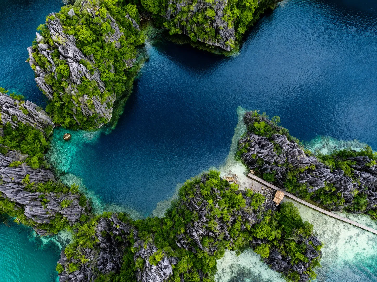 Aerial view of a turquoise lagoon framed by limestone cliffs in Coron, Palawan