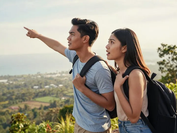 A young couple with backpacks pointing out at a scenic hilltop view