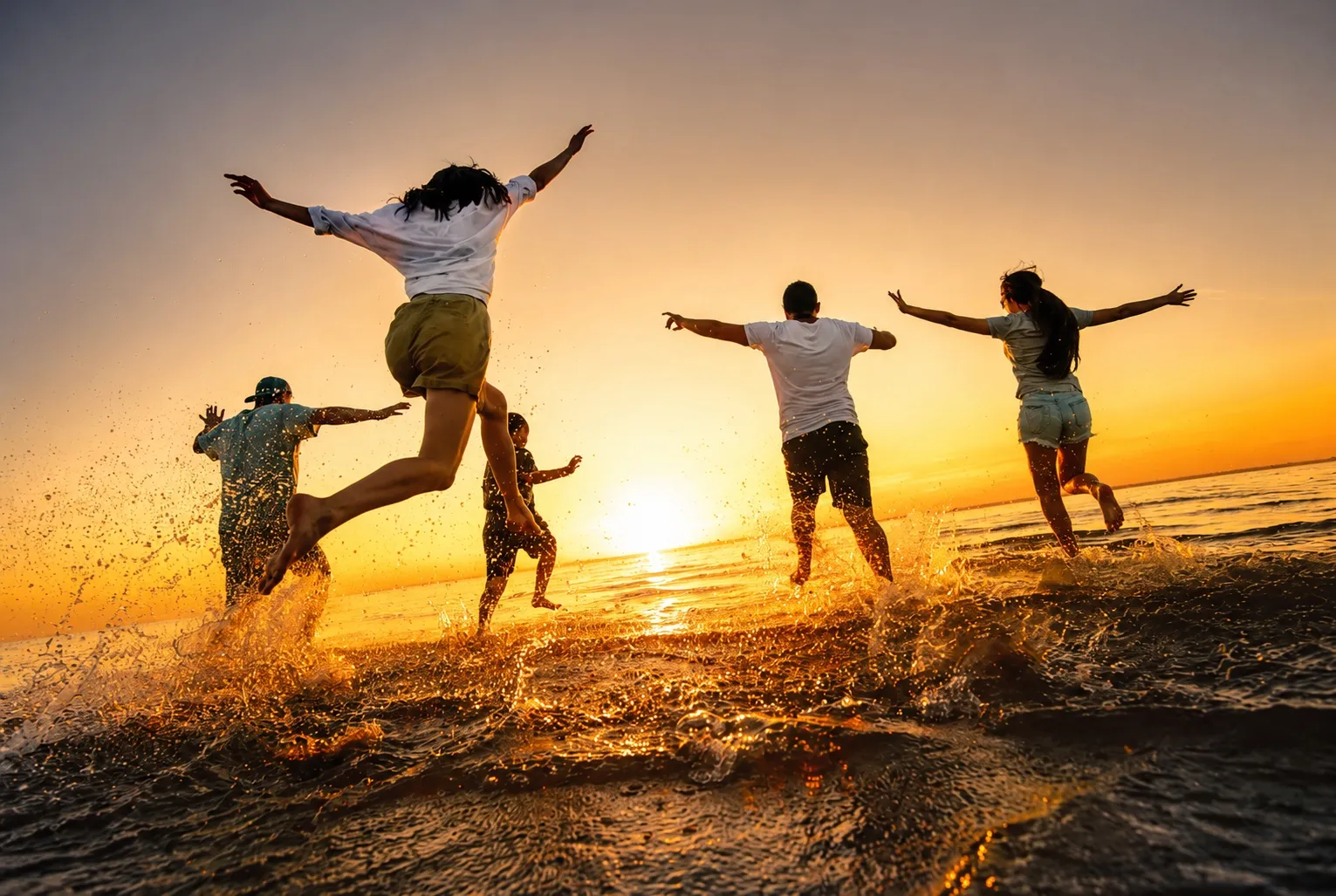 Friends leaping for joy through the surf at golden hour
