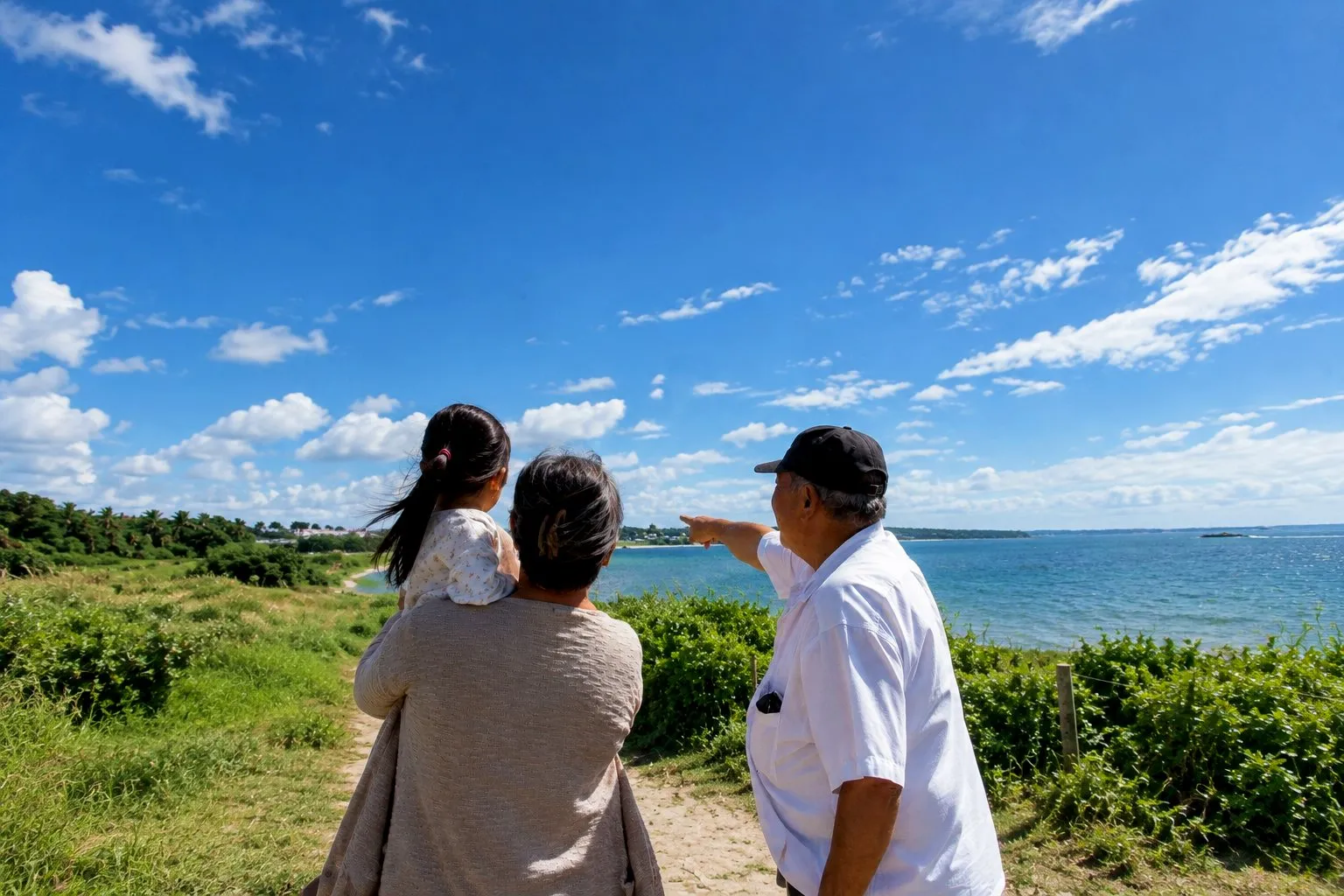 Grandparents and a grandchild looking out over the coast as grandpa points to the sea